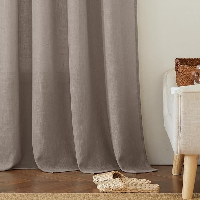 RYB HOME Linen Texture Sheer Curtains 90 inches, Rustic Style Solid Semi Sheer Half Privacy Drapes for Farmhouse Dorm Office Dining, Birch Brown, W 52 x L 90 inches, Set of 2