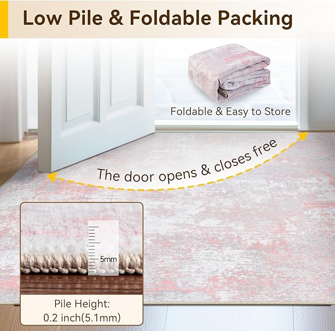 Washable Area Rugs 2'x3' Non-Slip Modern Abstract Soft for Living Room Entryway Bedroom Nursery, Print Pattern, Grey Pink