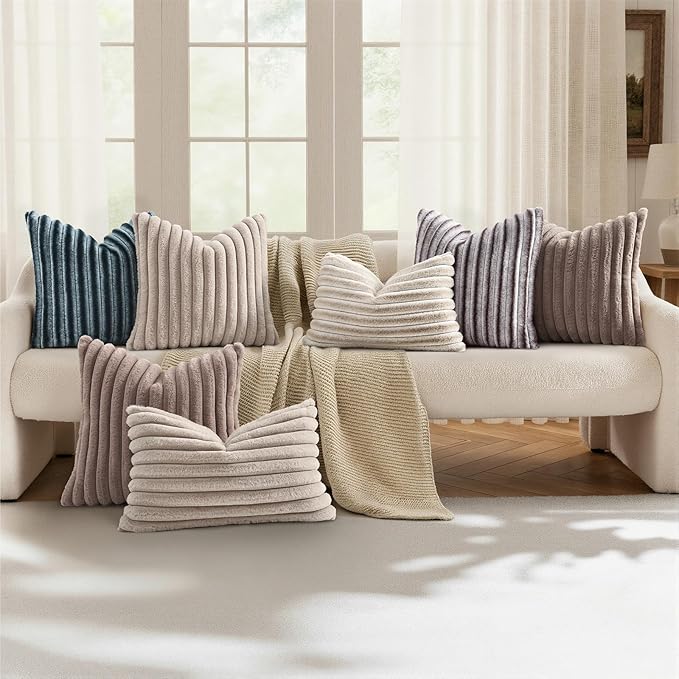 decorUhome Cozy Faux Fur Throw Pillow Covers 22x22 Set of 2 Decorative Soft Plush Striped Modern Farmhouse Boho Couch Euro Sham Pillow Cases with Velvet Back for Sofa Bed Living Roomr, Brown White