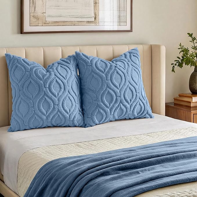 decorUhome Throw Pillow Covers 16x16 Inch Set of 2, Soft Plush Faux Wool Bluen Solid Couch Pillow Covers, Accent Farmhouse Neutral Square Pillow Cases for Sofa Bed Living Room