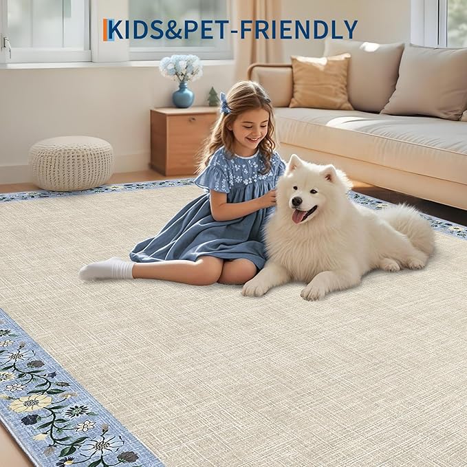 GarveeHome 10x13 Machine Washable Rugs for Living Room Large Area Rug Modern Floral Indoor Accent Carpet Low Pile Carpet Soft Throw Aesthetic Floor Cover for Bedroom Laundry Dining Room, Beige