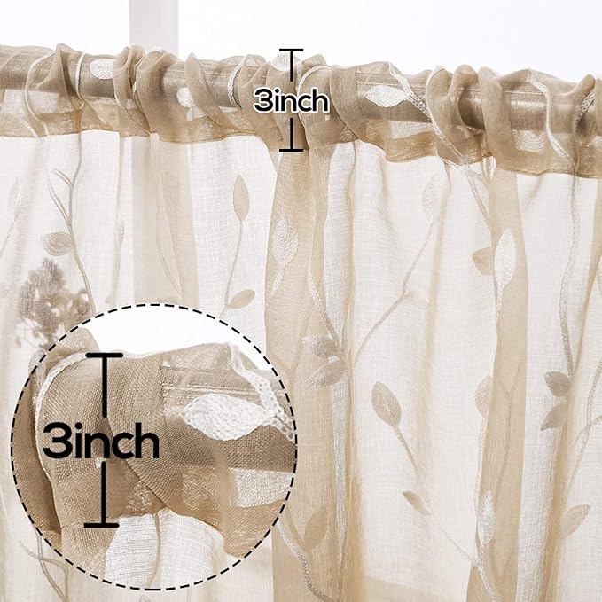 AmHoo 2 Panels Embroidered Leaf Pattern Semi Sheer Curtains Foliage Floral Voile Window Draperies Treatment for Bedroom Living Room Rod Pocket Taupe 53 x 63 Inch