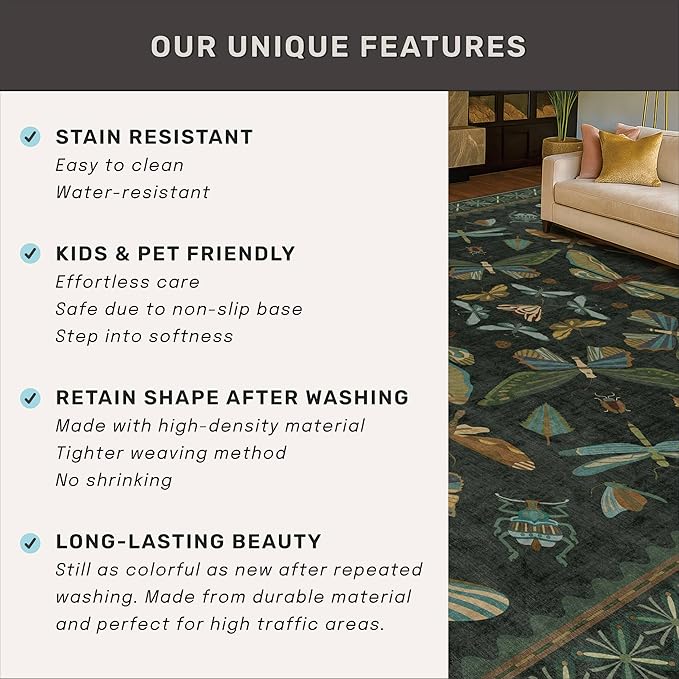 Hazo Haus 2x4 Entry Way Rugs Indoor - Dark Green Putdoor Rug for Kitchen, Bathroom, Insect Boho Design, Washable Non Slip Stain Resistant