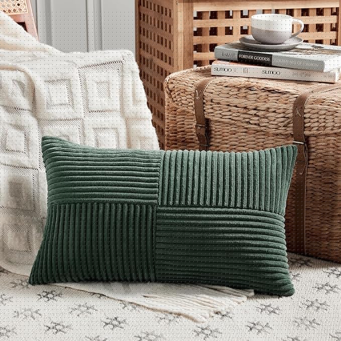 Fancy Homi Set of 2 Dark Green Long Lumbar Decorative Throw Pillow Covers 14x24 Inch for Living Room Couch Bed, Boho Farmhouse Forest Green Home Decor, Soft Corduroy Corss Textured Cushion Case