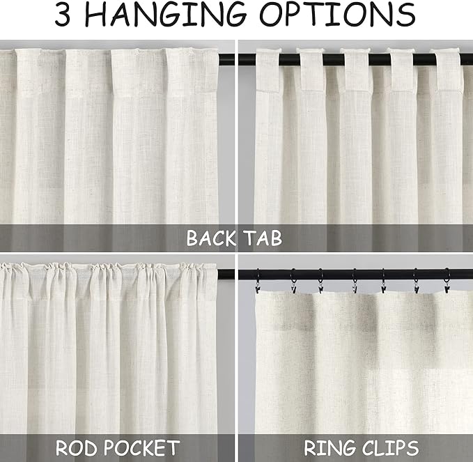 Nanspring Cream Linen Curtains 77 Inches Long for Bedroom Back Tab Light Filtering Privacy Sheer Curtains Modern Farmhouse Coastal Decor Cotton Textured Gauze Curtain for Bathroom 2 Panel Set 52x77