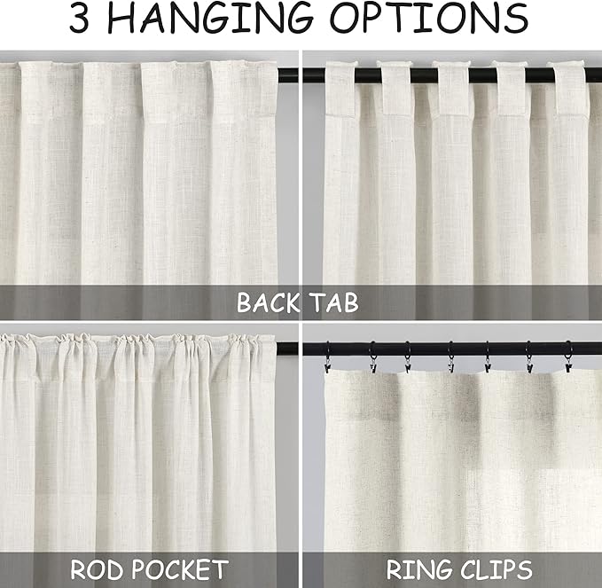 38 inches Wide Back Tab Linen Curtains 96 inches Long 2 Panels Set for Living Room Sliding Glass Door Ivory Cream Sheer Curtains Neutral Rustic Farmhouse Linen Drapes Floor to Ceiling Length