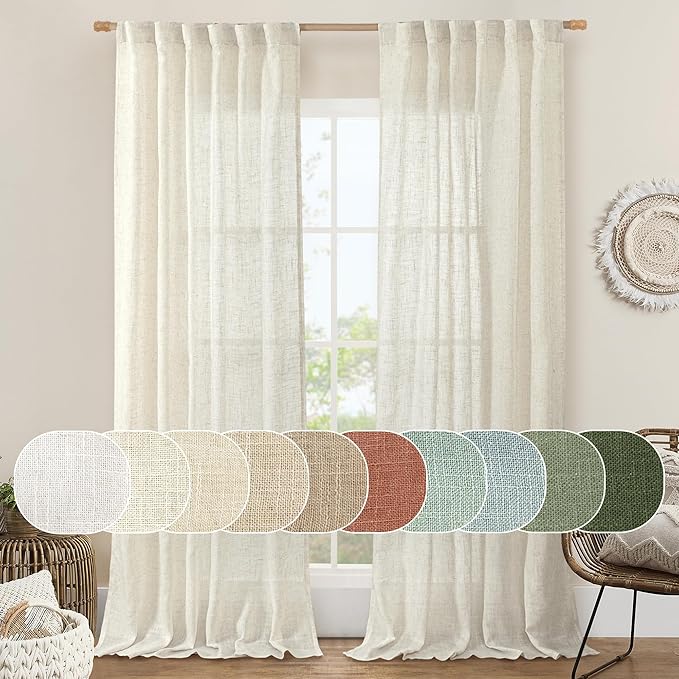 LAMIT Cream Ivory Linen Curtains 95 Inches Long 2 Panels Set for Bedroom, Back Tab and Rod Pocket Linen Textured Natural Curtains Light Filtering Boho Drapes for Living Room/Dining Room, 52 x 95 Inch