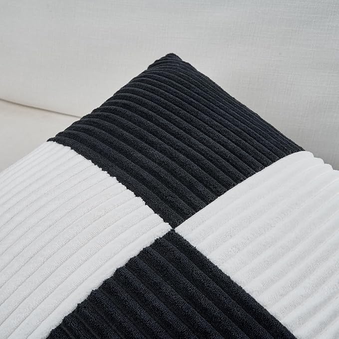 Fancy Homi Set of 2 Black White Decorative Throw Pillow Covers 22x22 Inch for Living Room Couch Bed Sofa, Farmhouse Boho Home Decor, Soft Cross Corduroy Patchwork Accent Square Cushion Case 55x55 cm