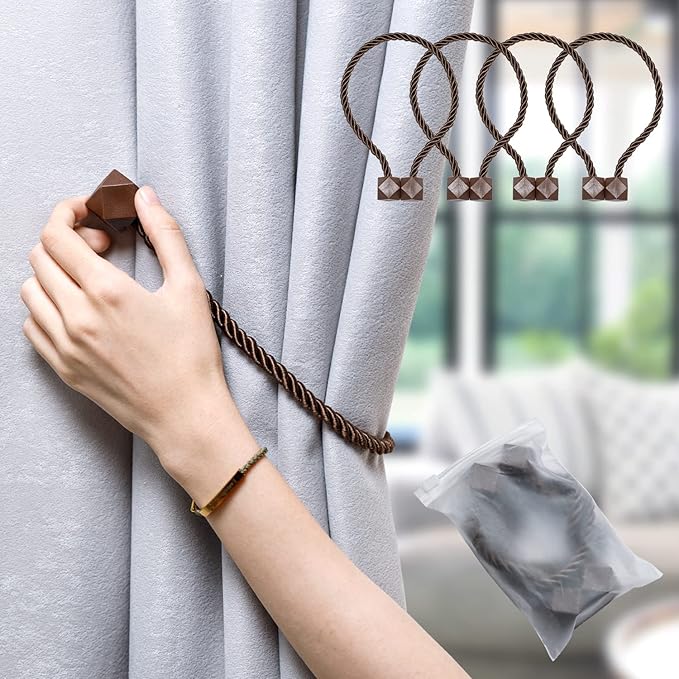 NazTur Magnetic Curtain Tiebacks- Upgrade 2022 with a Thicker Twist Rope & Strong Magnet Tieback Window Treatment Holdbacks Draperies Holders Decorative Drape Handmade Tie Back (Coffee Dark, 4)