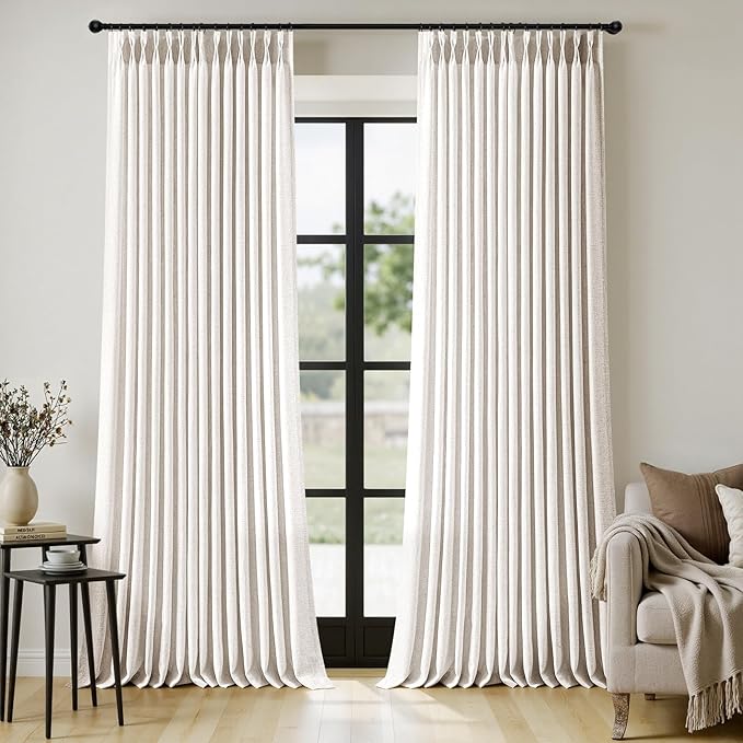 MIULEE Pinch Pleated Thick Linen Curtains 105 Inches Long 2 Panels for Living Room Bedroom, Pinch Pleat Drapes Back Tab Light Filtering Floor to Ceiling Semi Sheer Natural Farmhouse Window Curtains