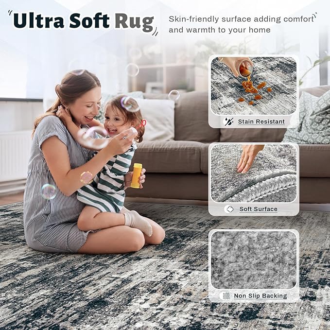 XLUEZ 5x7 Area Rugs for Living Room, Washable Modern Abstract Large Area Rug Neutral Soft Non Slip Kids Rug Stain Resistant Indoor Carpet for Bedroom Nursery Dining Room Playroom(BlackGrey, 5'x7')