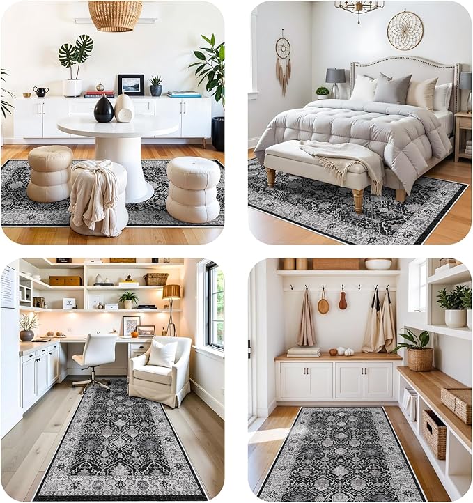 Washable 4x8 Hallway Runner Rug: Vintage 8ft Soft Runners for Entry Living Room Wide Low Pile Carpet with Non-Slip Backing for Kitchen Bedroom Thin Stain Resistant Floor Mat for Dining Room(Black,4x8)