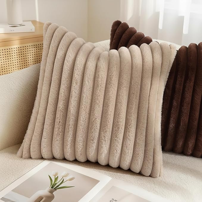 decorUhome Cozy Faux Fur Throw Pillow Covers 26x26 Set of 2 Decorative Soft Plush Striped Modern Farmhouse Boho Couch Euro Sham Pillow Cases with Velvet Back for Sofa Bed Living Room, Khaki Brown
