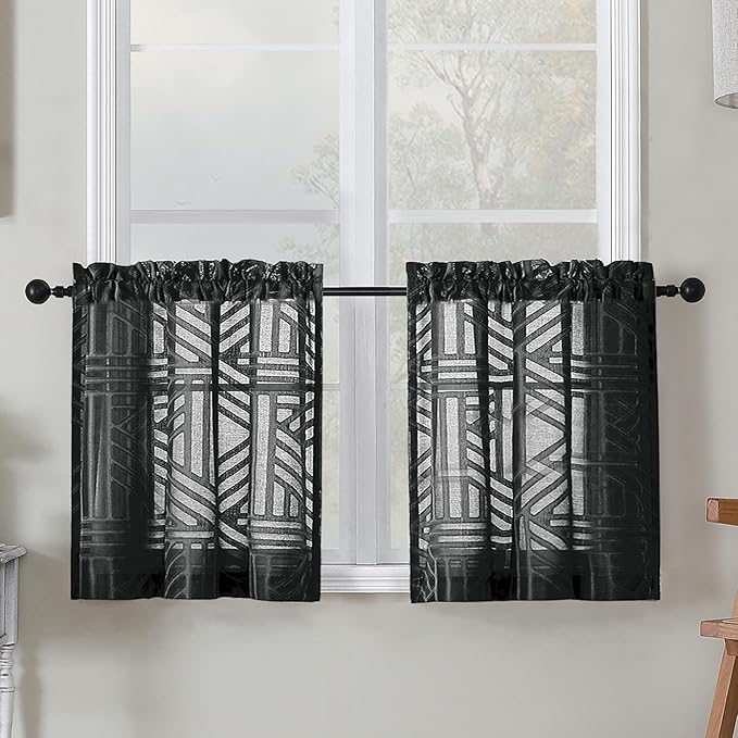 Simplebrand Sheer Black Kitchen Curtains 24 Inch Length Tier Curtains 2 Panels, Light Filtering Geometric Jacquard Clip Textured Semi Sheer Short Window Curtains for Bathroom, 30x24 inch
