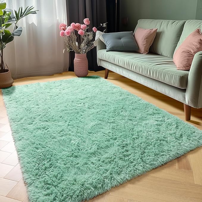 ONASAR Sage Green Area Rugs for Bedroom Living Room, 4x6 Fluffy Cute Indoor Bedside Floor Rug, Ultra Soft Plush Fuzzy Shaggy Carpets for Nursery Kids Girls Boys Teen Dorm Playroom Home Decor