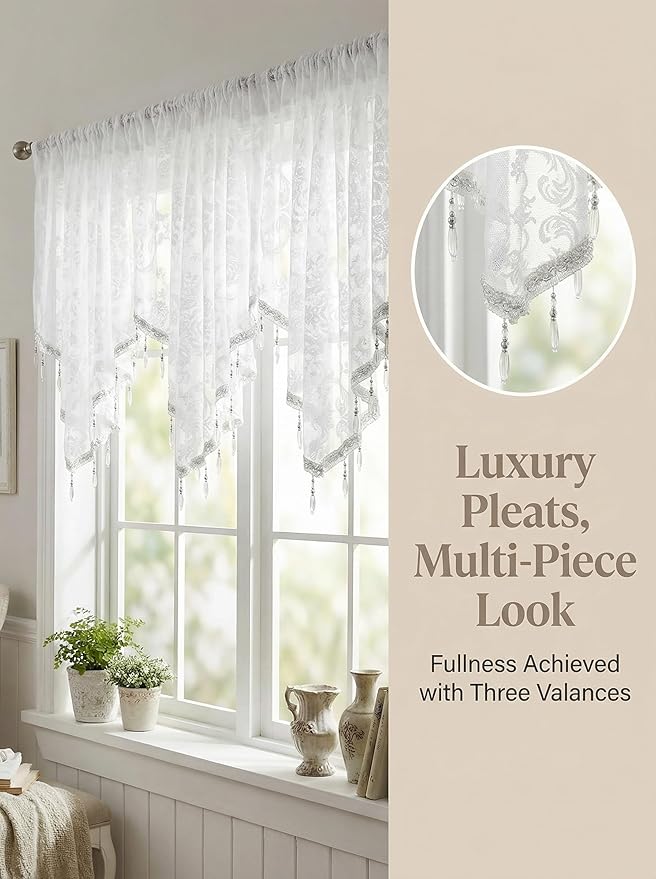 Molaxhome Swag Curtain 51 inch Length Rod Pocket Scalloped Curtain Valance Sheer Lace Panels with Hanging Crystal Beads for Kitchen Bedroom Window Treatments Drape Decor 1pc (Lace White, 51Wx23L)