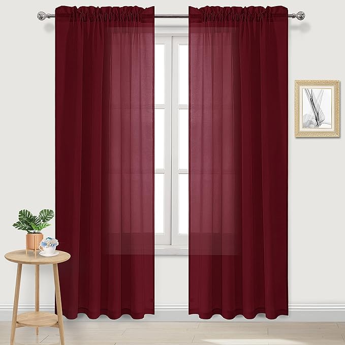 DWCN Christmas Burgundy Sheer Curtains Semi Transparent Voile Rod Pocket Curtains for Bedroom and Living Room, 52 x 108 inches Long, Set of 2 Panels