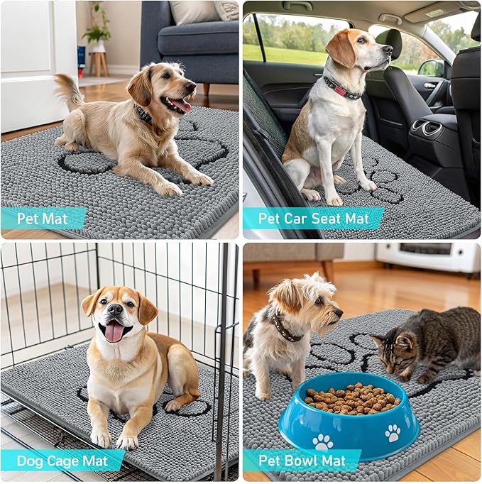 OLANLY Dog Door Mat for Muddy Paws 59x20, Paw Print Design, Absorbs Moisture and Dirt, Absorbent Non-Slip Washable Doormat, Quick Dry Chenille Mud Mat for Dogs, Entry Indoor Entryway Carpet, Grey