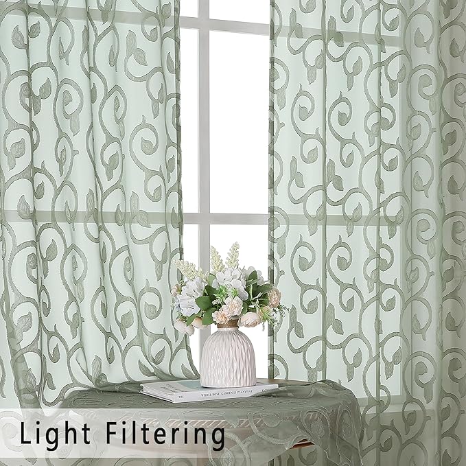 OWENIE Sage Green Semi Sheer Curtains 84 inches Long for Bedroom Living Room 2 Panels Set, Light Filtering Semi Sheer Curtains Elegant Clip Jacquard, Rod Pocket Window Treatments, 2 Pcs = 84" Width
