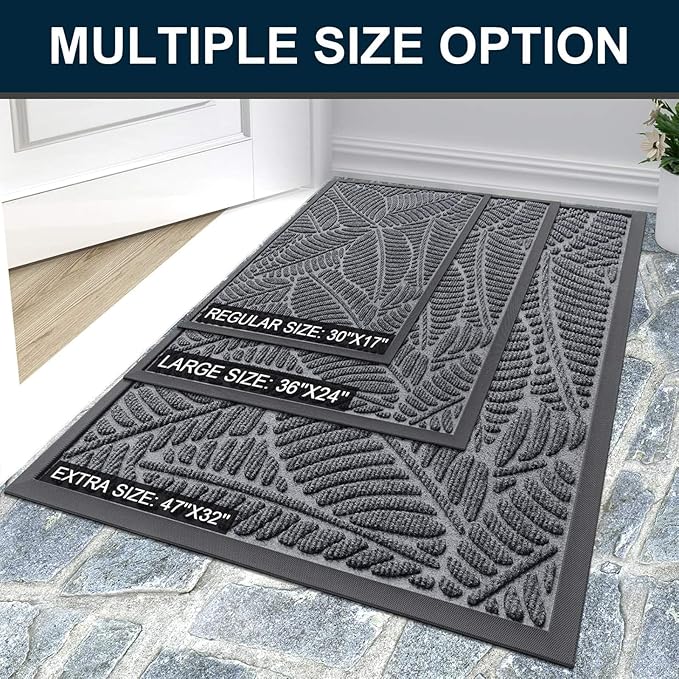 Colorxy Waterproof Doormat, Sturdy Natural Rubber Front Indoor Mat, Non Slip Low Profile Indoor Outdoor Door Mats, Stain and Fade Resistant Floor Mat, Easy Clean Patio Entrance Mat, 48''x32'', Grey