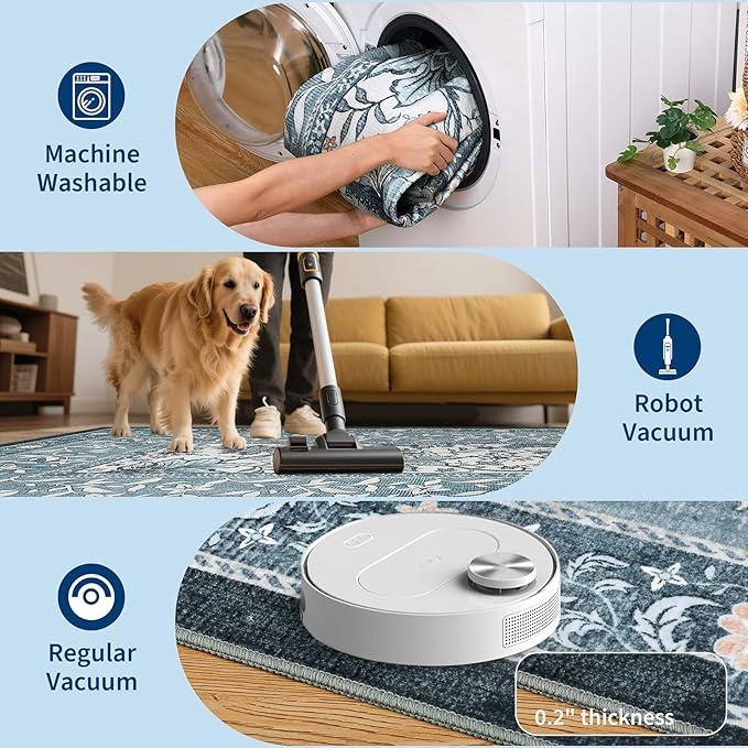 GarveeHome Provence Misty Blue 6x9 Area Rugs, Botanical Grove Vintage Cottagecore Non-Slip Washable Rug for Bedroom Living Room Nursery Kitchen Low-Pile Carpet
