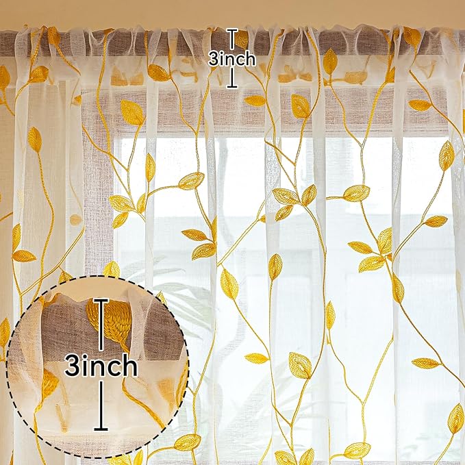 AmHoo 2 Panels Embroidered Leaf Pattern Semi Sheer Curtains Foliage Floral Voile Window Draperies Treatment for Bedroom Living Room Rod Pocket White Gold Yellow 53 x 63 Inch