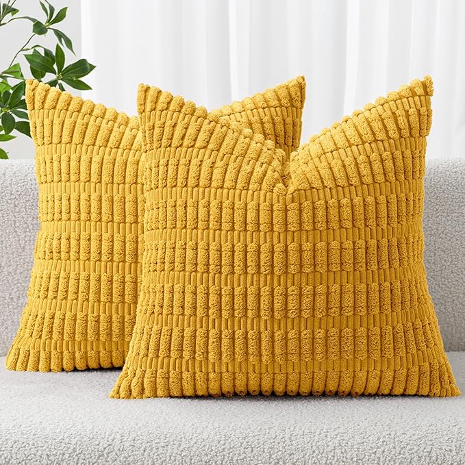 MIULEE Pack of 2 Corduroy Decorative Throw Pillow Covers 16x16 Inch Soft Boho Striped Pillow Covers Modern Farmhouse Home Decor for Summer Sofa Living Room Couch Bed Mustard Yellow