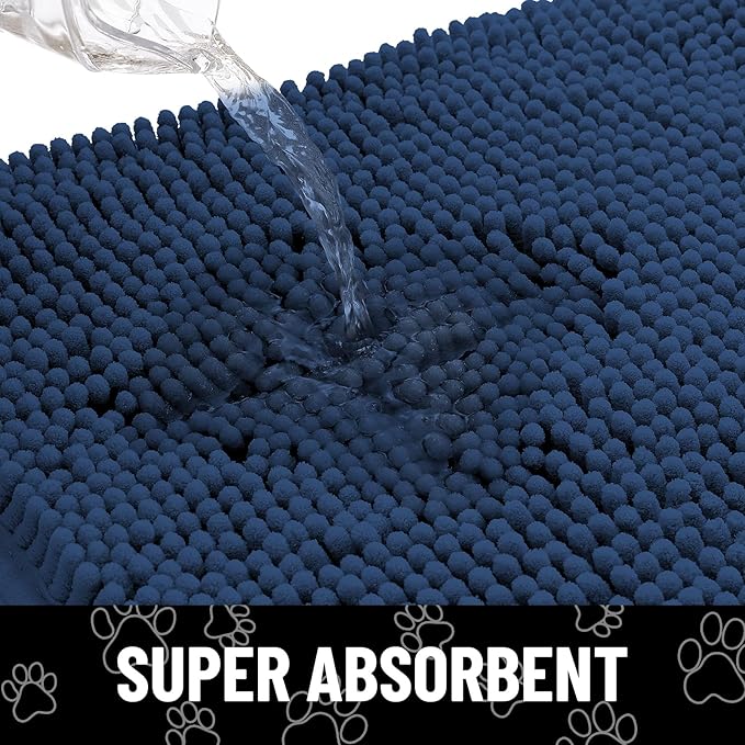 Smiry Dog Door Mat for Muddy Paws, Absorbent Dirt Trapper Non Slip Quick Dry Washable Chenille Mat for Mud Dogs, Entry Rug for Indoor and Outdoor (36x24 Inches, Dark Blue and Black)