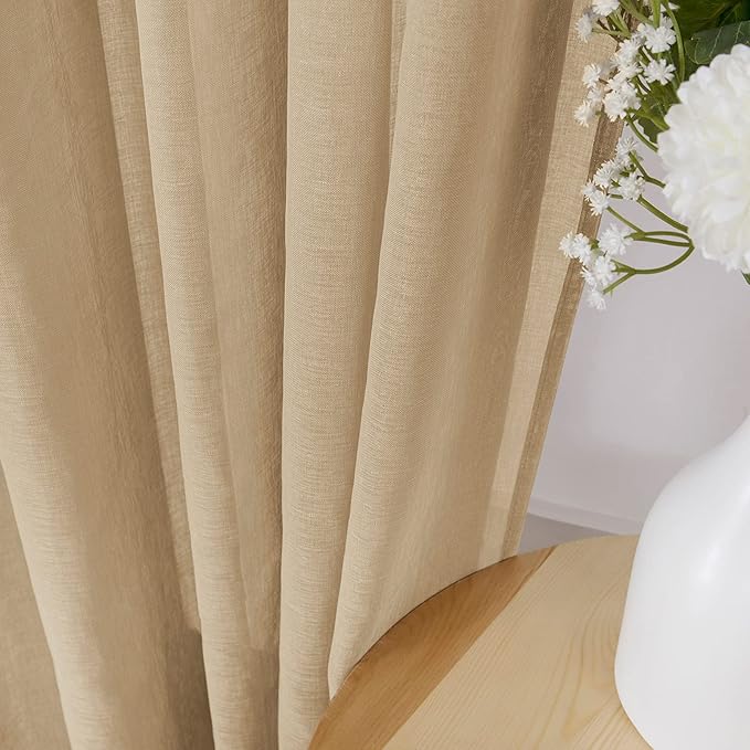 Tollpiz Short Sheer Curtain Linen Textured Living Room Curtains Sheer Light Filtering Rod Pocket Voile Curtain for Bedroom, 42 x 54 inches Long, Beige, Set of 2 Panels