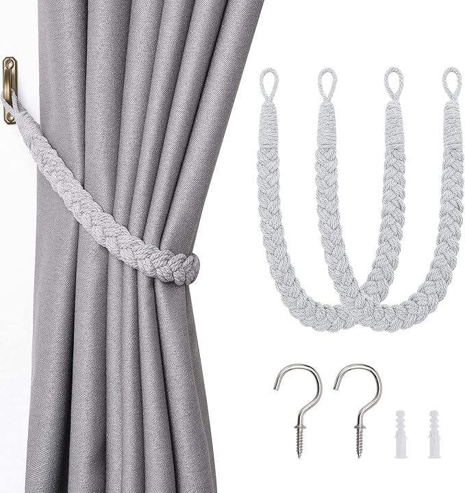 NICEEC 2 Pack Natural Cotton Rope Curtain Tiebacks Elegant Boho Style Decorative Drape Tie Backs Soft Hand-Woven Rope Curtain Holdbacks with Metal Hook for Home & Office Drapery (Light Grey)