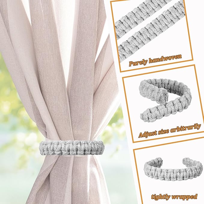 Ptwola 2 Pack Braided Curtain Tiebacks Boho Elegant Rustic Curtain Holdbacks Tie Backs Holders Set Simple Light Weight Drapes Decorative Accessories Handmade for Home Office Bedroom Window (2, Grey)