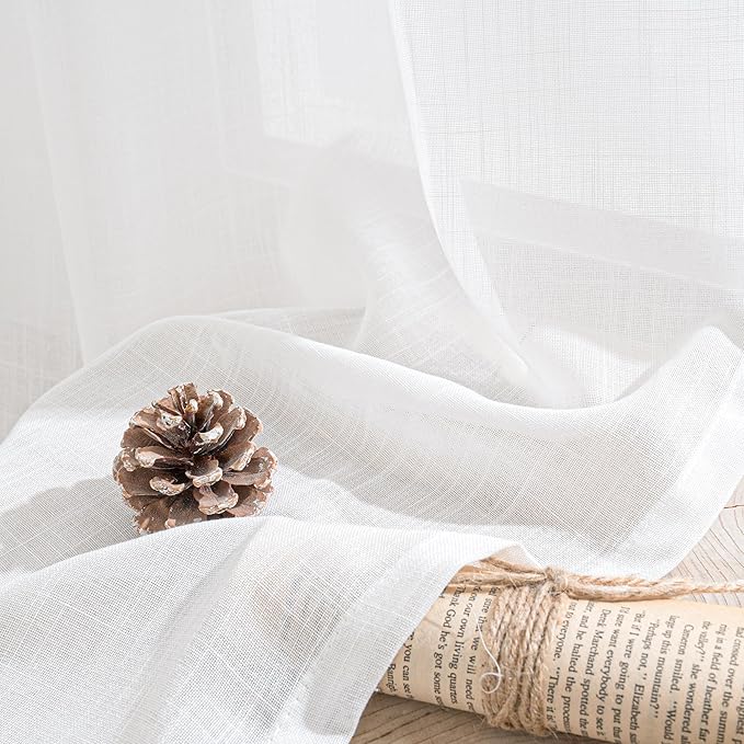 BGment 45 Inch Length White Linen Curtains for Short Window - Rod Pocket Small Semi Sheer Drapes Light Filtering for Cafe Kitchen Bedroom Lightweight Natural Rustic, 2 Panels Set, 30 X 45 Inch