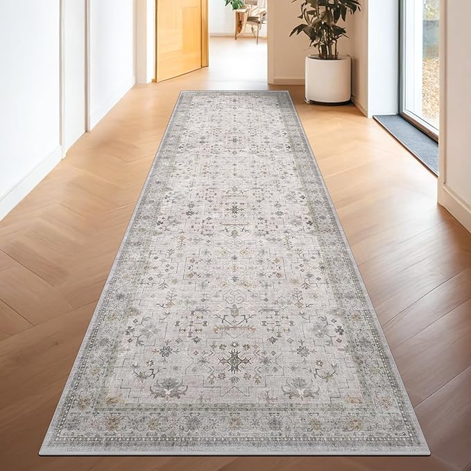 Light Gray Washable 2x8 Hallway Runners, Kitchen Runner Rug, Non-Slip & Stain Resistant 8ft Long Entryway Floor Rug, Neutral Boho Floral Décor