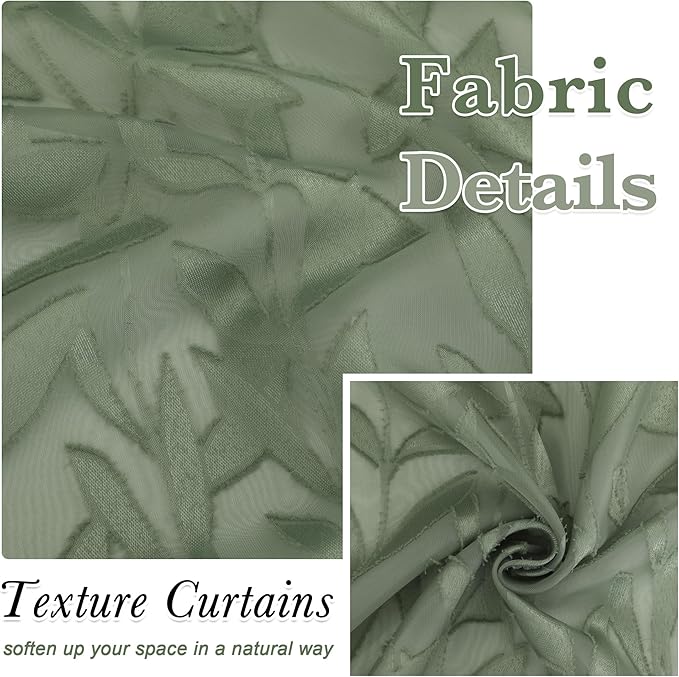 Lecloud Leia Sage Green Sheer Curtains 72 Inches Long 2 Panels, Jacquard Texture Leaves Voile Curtain Balance Light & Privacy, Dual Rod Pockets Drapes for Living Room Bedroom, Each 42" W x 72" L