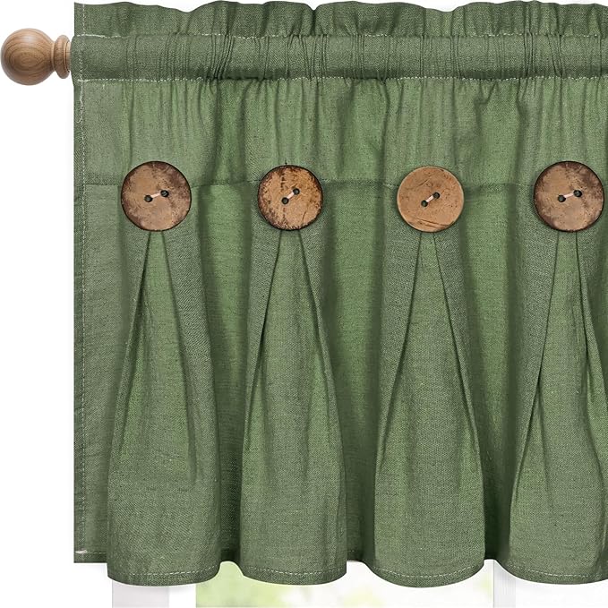 FRAMICS Farmhouse Valance Curtains, Boho Cotton Linen Kitchen Valance, Olive Green Rustic Button Window Valances for Kitchen Bathroom, Rod Pocket Valances for Windows, Olive Green, 52 x 18 Inch