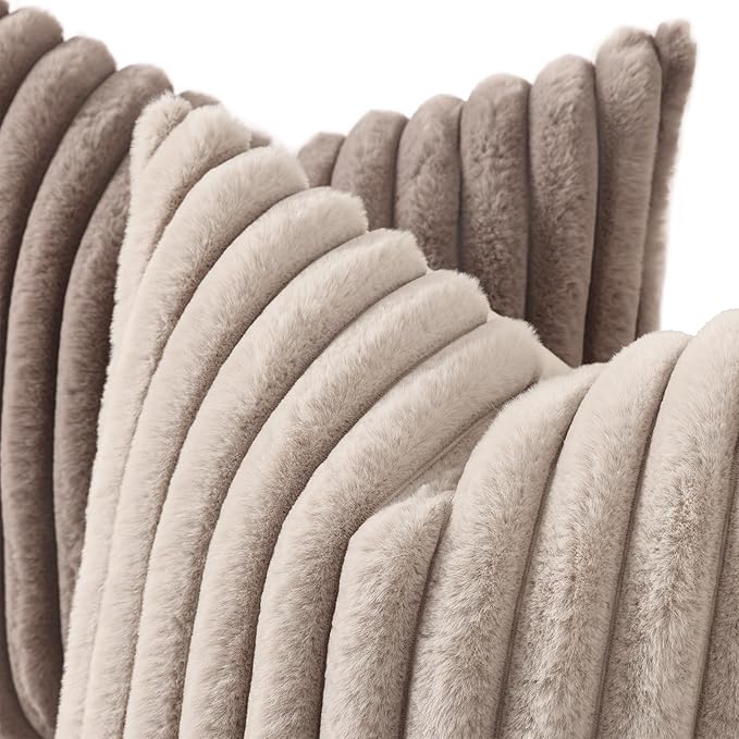 decorUhome Cozy Faux Fur Throw Pillow Covers 16x16 Set of 2 Decorative Soft Plush Striped Modern Farmhouse Boho Couch Pillow Cases with Velvet Back for Sofa Bed Living Room, Tan