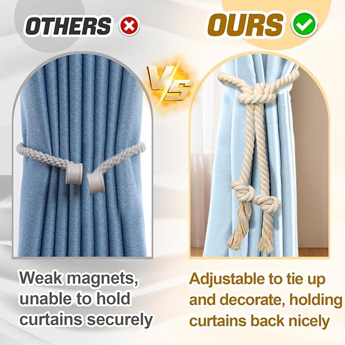 8 Pcs Hand Woven Curtain Tiebacks No Drilling - Boho Drape Holdbacks Rope for Black Blue Light Color Curtains, Decorative Ties for Outdoor Yard Garden Farmhouse Drapery, Beige