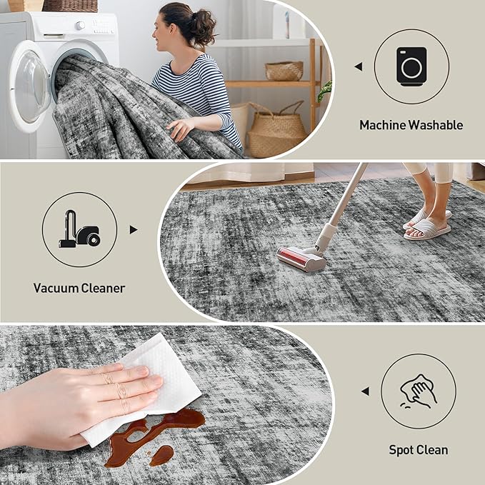 8x10 Area Rugs Washable Rug: Modern Abstract Living Room Rug Soft Anti-Skid Thin Carpet Indoor Floor Non-Shedding Carpets for Bedroom Dining Room Farmhouse Nursery Home Office Black