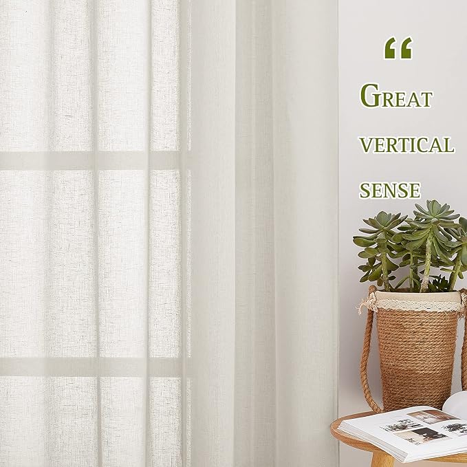 NICETOWN Natural Linen Curtains for Farmhouse 84 inch Length, Grommet Privacy Semi Sheer Linen Burlap Drapes with Light Penetration for Bedroom/Living Room, 72" Wide Total 2 Panels