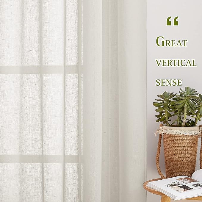 NICETOWN Linen Blend Semi Sheer Farmhouse Curtains 72 inches Long, Grommet Bedroom Window Treatments Privacy with Light Filtering Drapes for Bedroom, Natural, W36 x L72, 2 Panels