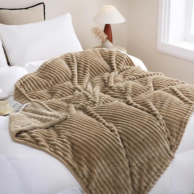 Tan Fleece Throw Blanket 50”×60” for Couch Sofa Bed,Super Soft Cozy Plush Blanket with Stripes Design Lightweight for Adults,Woman,Girls