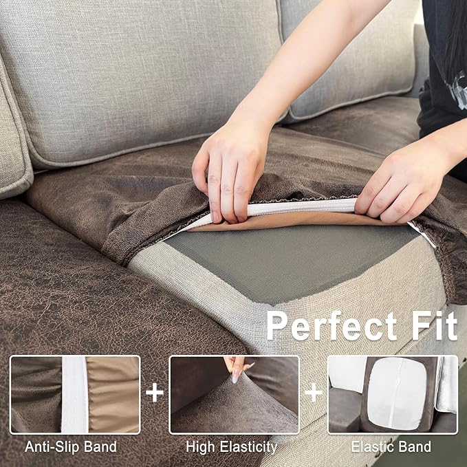 Leather Look Couch Cushion Covers Sofa Seat Slipcovers Sets Couches Furniture Protector for Sectional Armchair Loveseat Pets Kids Stretch Spandex Fabric (3 Cushion XL Sofa, Light Brown)