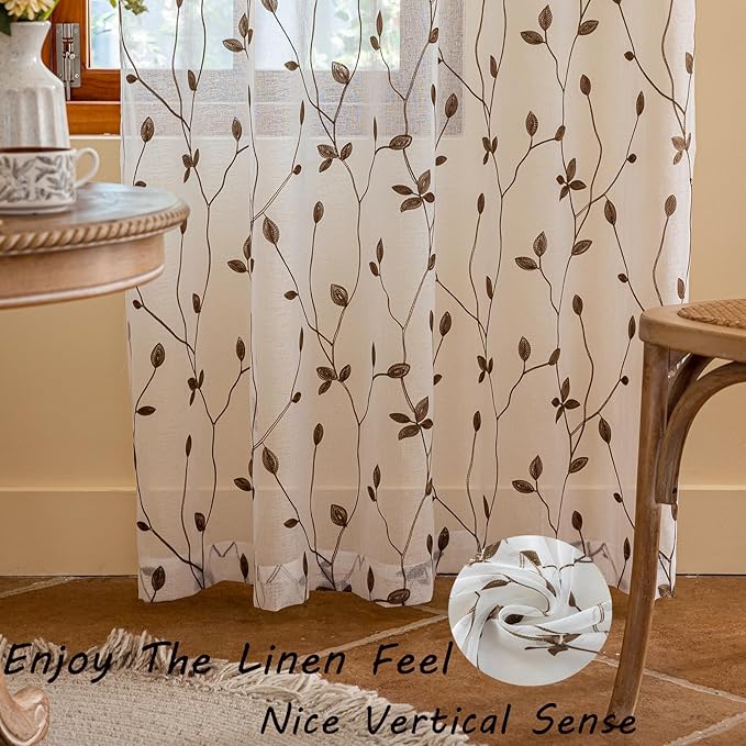 AmHoo 2 Panels Embroidered Leaf Pattern Semi Sheer Curtains Foliage Floral Voile Window Draperies Treatment for Bedroom Living Room Rod Pocket White Brown 53 x 63 Inch