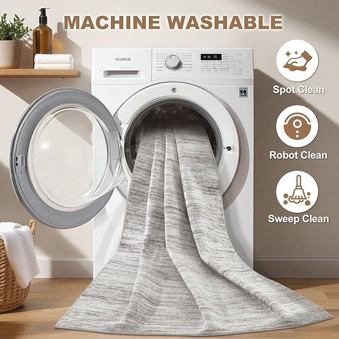 Nakagishi 5X7 Area Rugs Living Room: Washable Large Vintage Rug Neutral Non-Slip Soft Stain Resistant Indoor Carpet for Bedroom Nursery Dining Room Office Playroom - Grey-01
