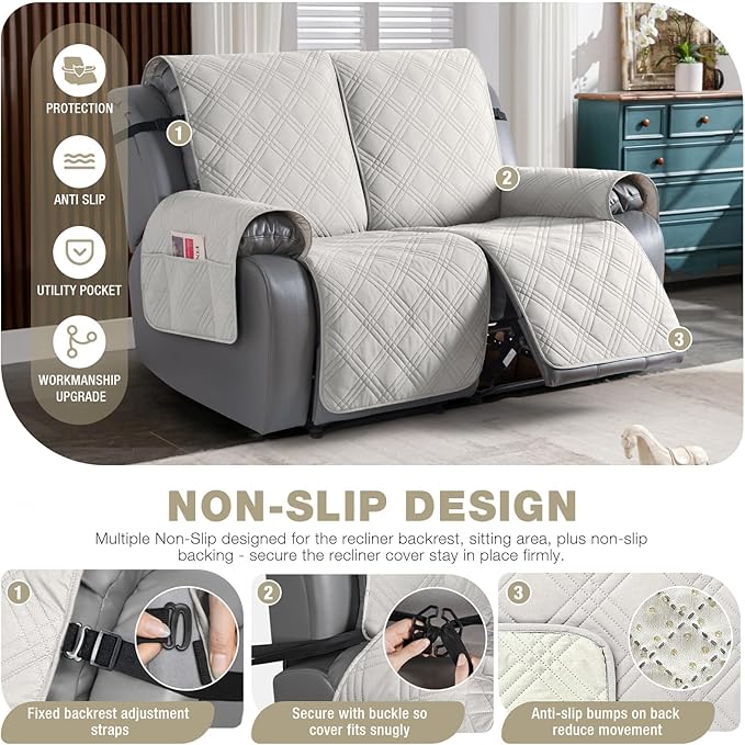 TAOCOCO 100% Waterproof Loveseat Recliner Cover with Straps, Split Loveseat Covers for Reclining loveseat, Non Slip Reclining Sofa Cover Furniture Protector for Kids, Pets(2 Seater, Off White)