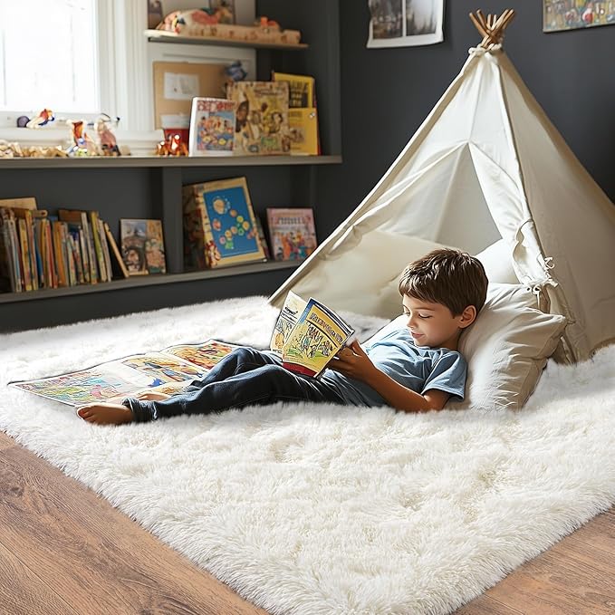 Pionblank Super Fluffy Area Rug for Bedroom 5x7, Modern Indoor Shag Carpet, Soft Plush Non Slip Rugs for Living Room Kids Room Cloakroom Home Decor, Cream White