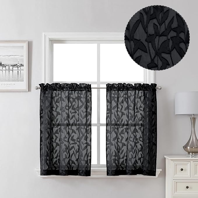 Lecloud Leia Black Sheer Curtains 30 Inch Length 2 Pieces, Breathable Jacquard Leaves Texture Voile Short Kitchen Curtains, Small Farmhouse Dual Rod Pocket Window Treatments, 38 W x 30 L