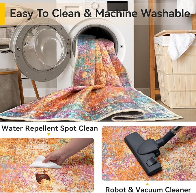 Washable Area Rugs 10'x14 Non-Slip Modern Abstract Soft for Living Room Entryway Bedroom Nursery, Print Pattern, Orange Blue Pink Yellow Colorful