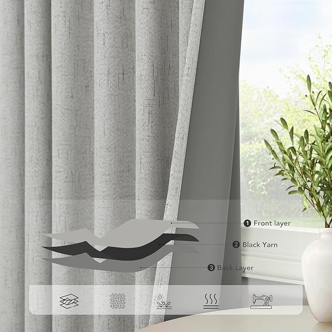 Pitalk 63 Inch Length Curtains for Living Room Black Out 2 Panel Faux Linen Rustic Country Farmhouse Style Room Darkening Light Gray Blackout Curtains for Bedroom Dove Grey 52 x 63 Inches Long