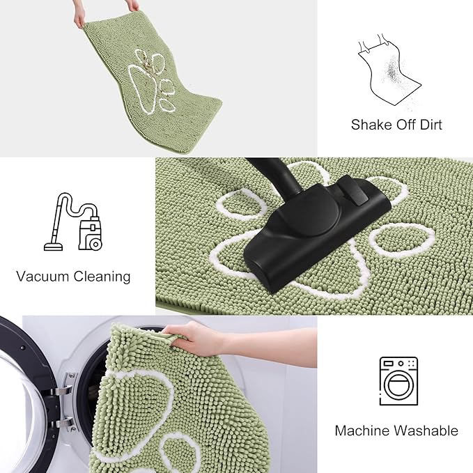 Smiry Dog Door Mat for Muddy Paws, Absorbent Dirt Trapper Non Slip Quick Dry Washable Chenille Mat for Mud Dogs, Entry Rug for Indoor and Outdoor (36x24 Inches, Sage Green and White)